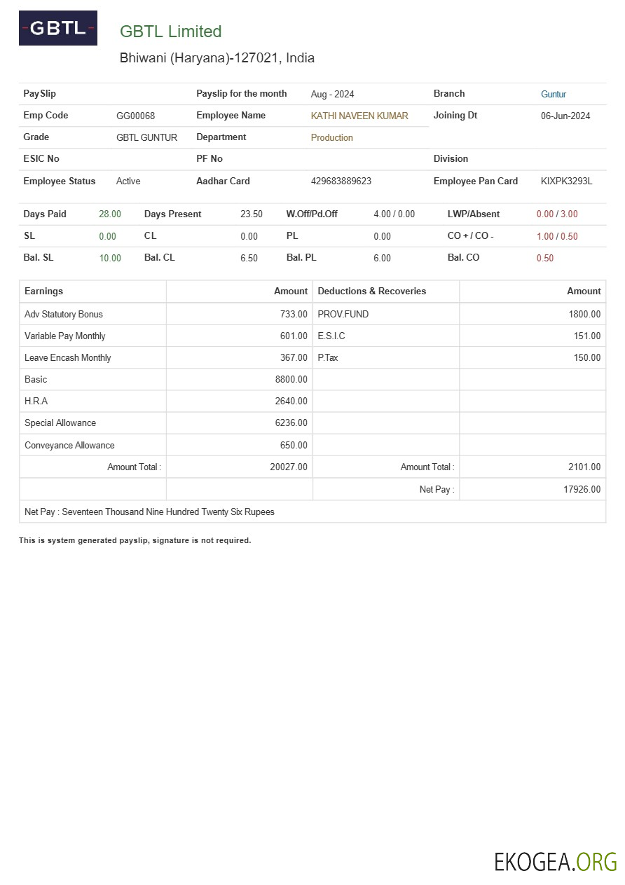 Modèle de fiche de paie de l'entreprise textile GBTL Limited aux formats Word et PDF.pdf, 1